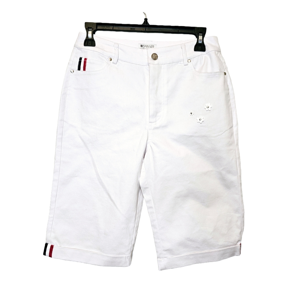 [SPANNER] SHANGHI BLOOMS White Bermuda Shorts Straight-Cut Navy Stripes Women 4
